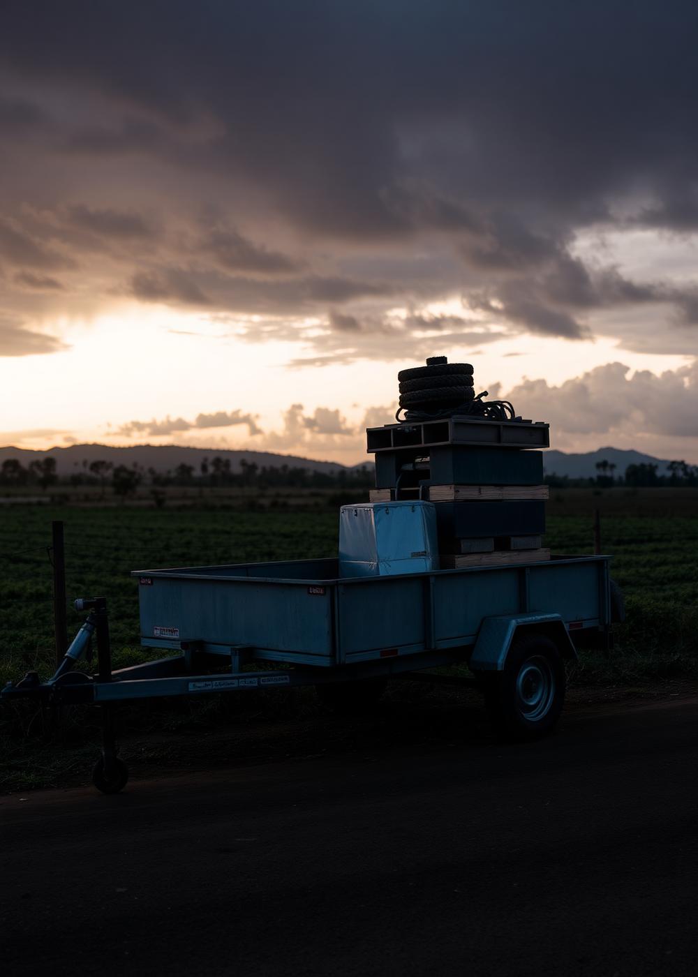 Carretinha carregada em propriedade rural ao entardecer