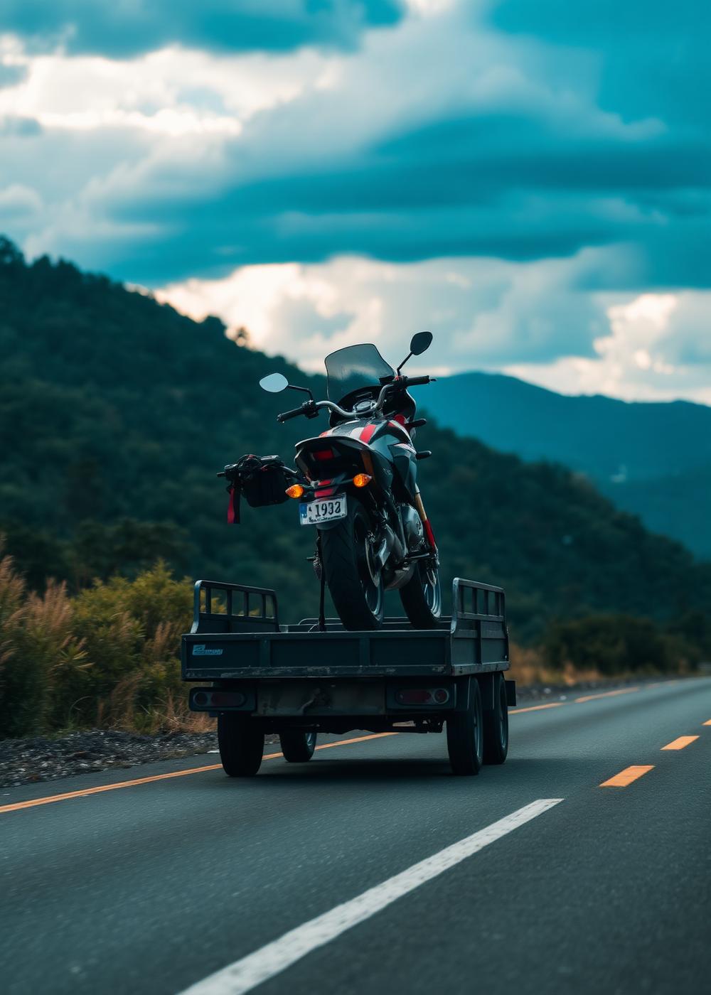 Carretinha transportando moto em estrada de Minas Gerais